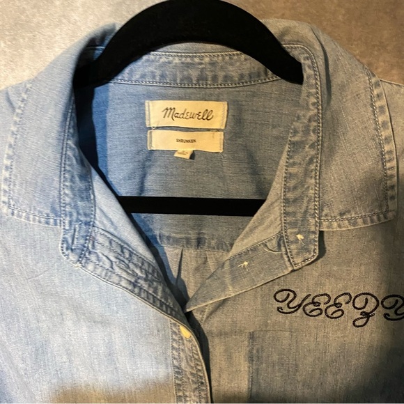 Madewell Denim Button Up Shrunken Ex Boyfriend Shirt Sz Large Monogrammed - Picture 3 of 10